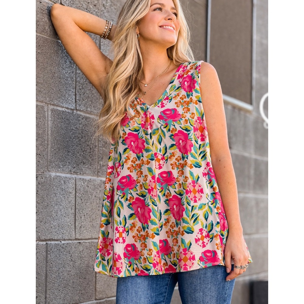 NWT Southern Stitch XL Floral Aztec V-Neck Sleeveless Tunic Tank Top Southwest